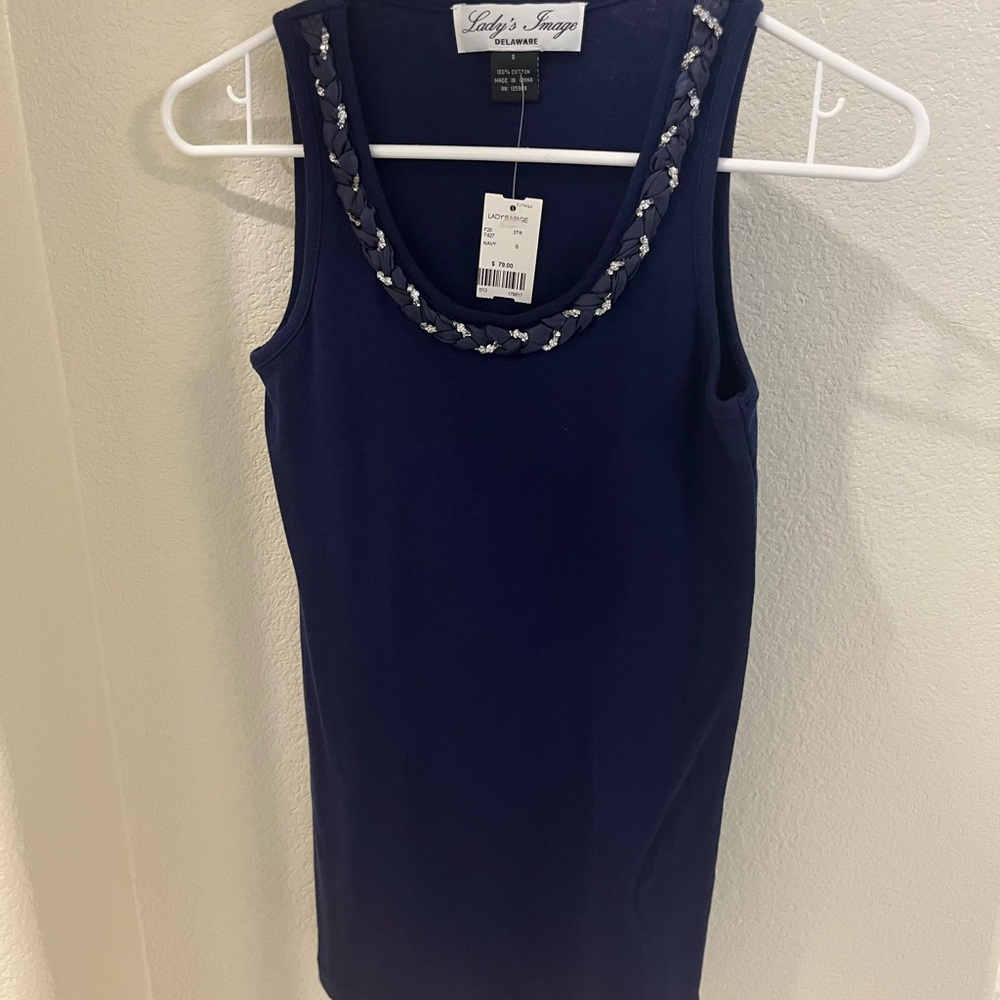 Lady’s Image Delaware Navy Sleeveless Top with Embellished Neckline